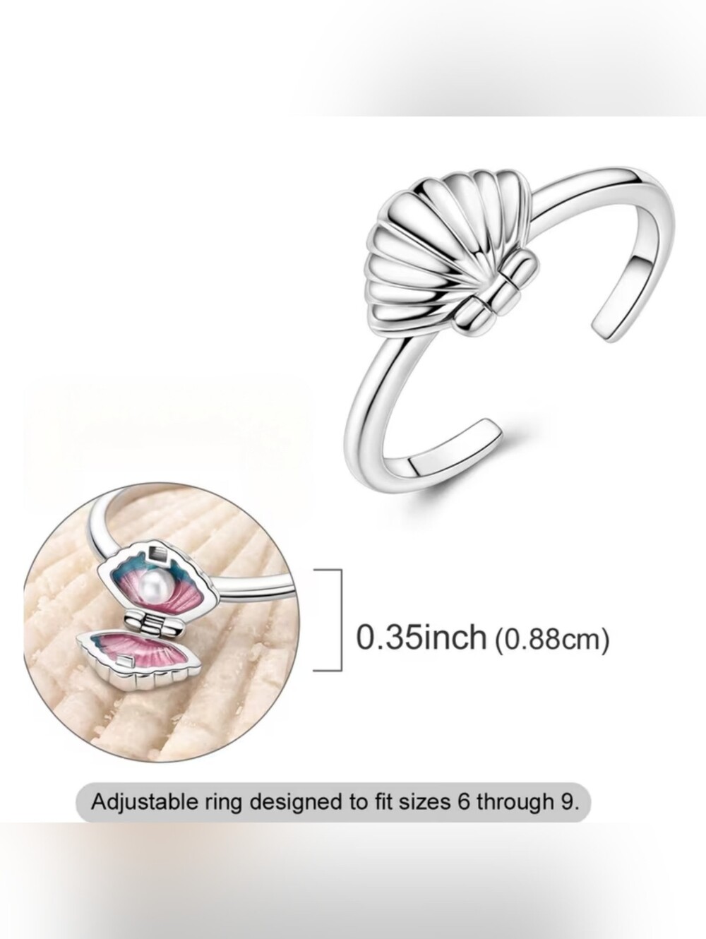 Adorable locket type Scallop shell ring, Open size 6 - 9